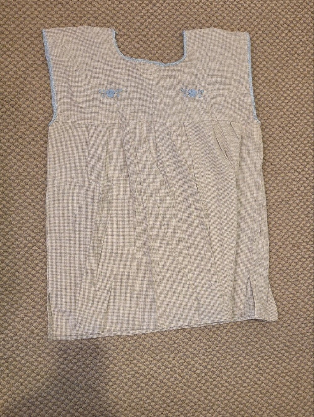 Nativa Light Blue Embroidered Mexican Square-Yoke grey gingham Tunic Sz XL - Picture 4 of 4